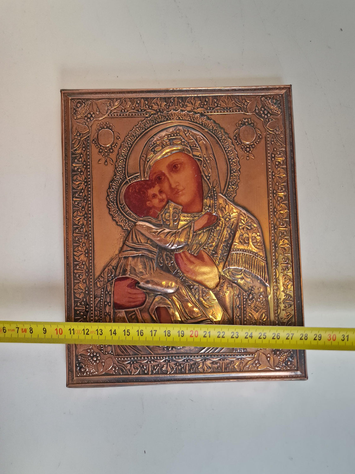 Virgin of Kazan Icon, Copper Relief Oklad, Russian Orthodox Icon 22 x 18  cm, midcentury vintage ikoon