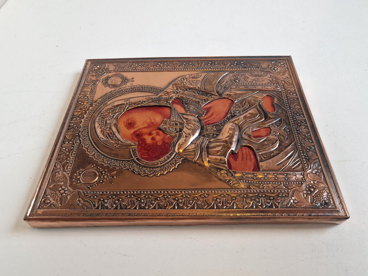 Virgin of Kazan Icon, Copper Relief Oklad, Russian Orthodox Icon 22 x 18  cm, midcentury vintage ikoon