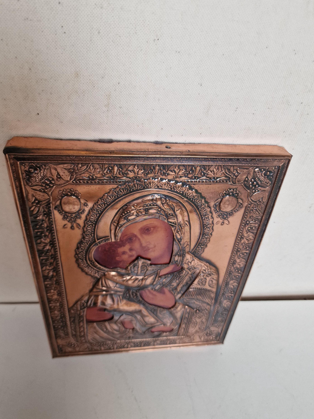 Virgin of Kazan Icon, Copper Relief Oklad, Russian Orthodox Icon 22 x 18  cm, midcentury vintage ikoon
