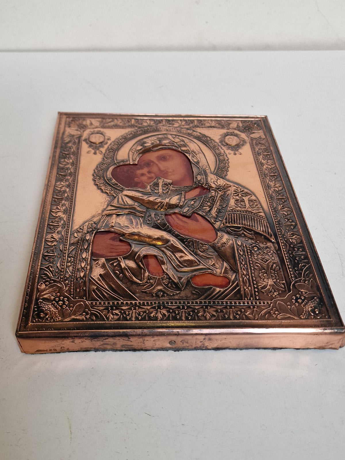Virgin of Kazan Icon, Copper Relief Oklad, Russian Orthodox Icon 22 x 18  cm, midcentury vintage ikoon