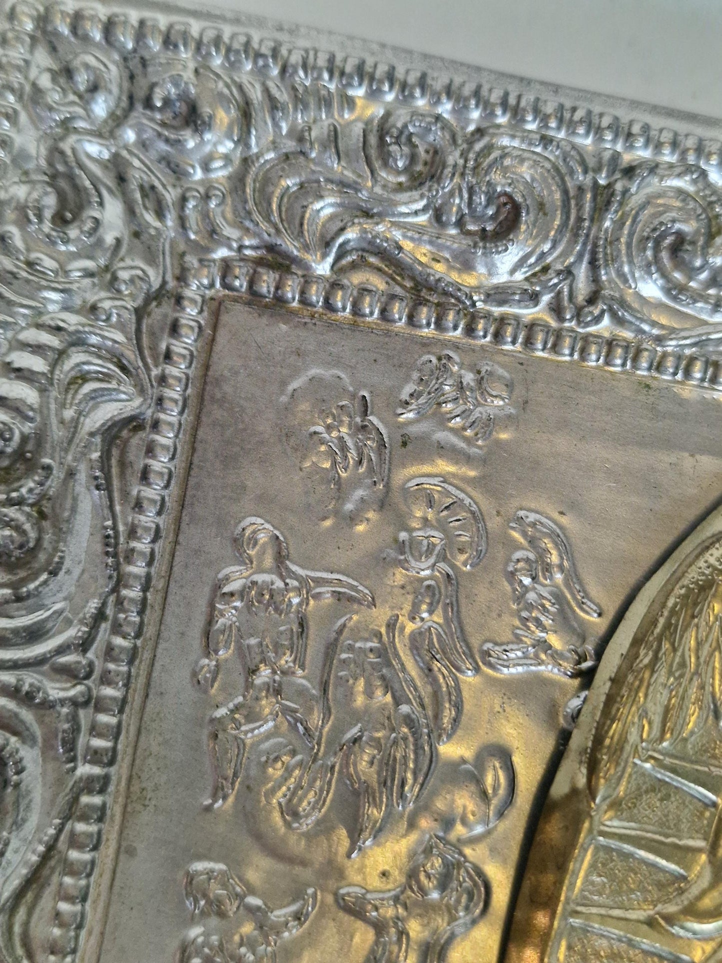 Vintage Our Lady of Czestochowa Icon – Embossed Metal Oklad, Polish Catholic Art