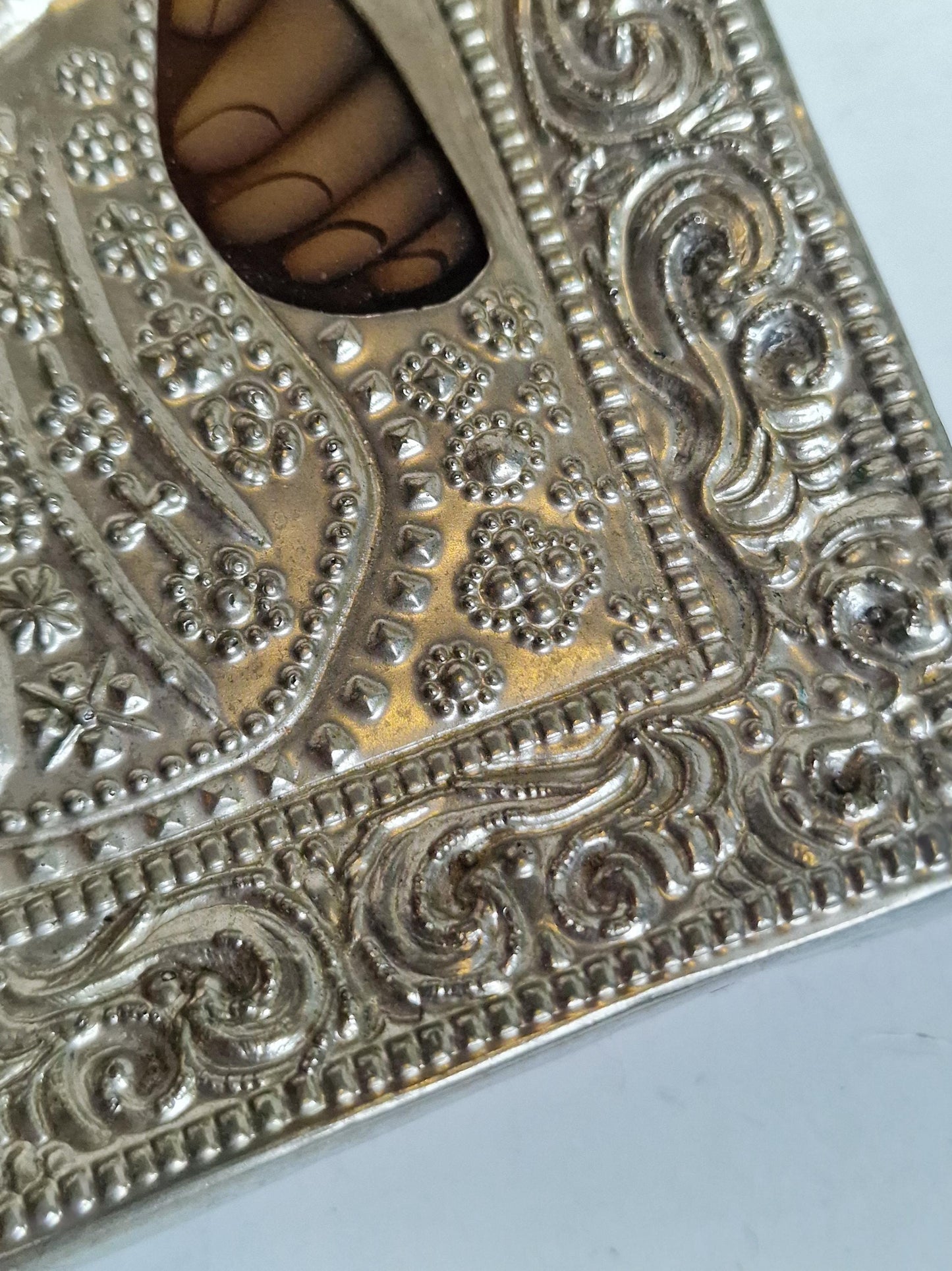 Vintage Our Lady of Czestochowa Icon – Embossed Metal Oklad, Polish Catholic Art