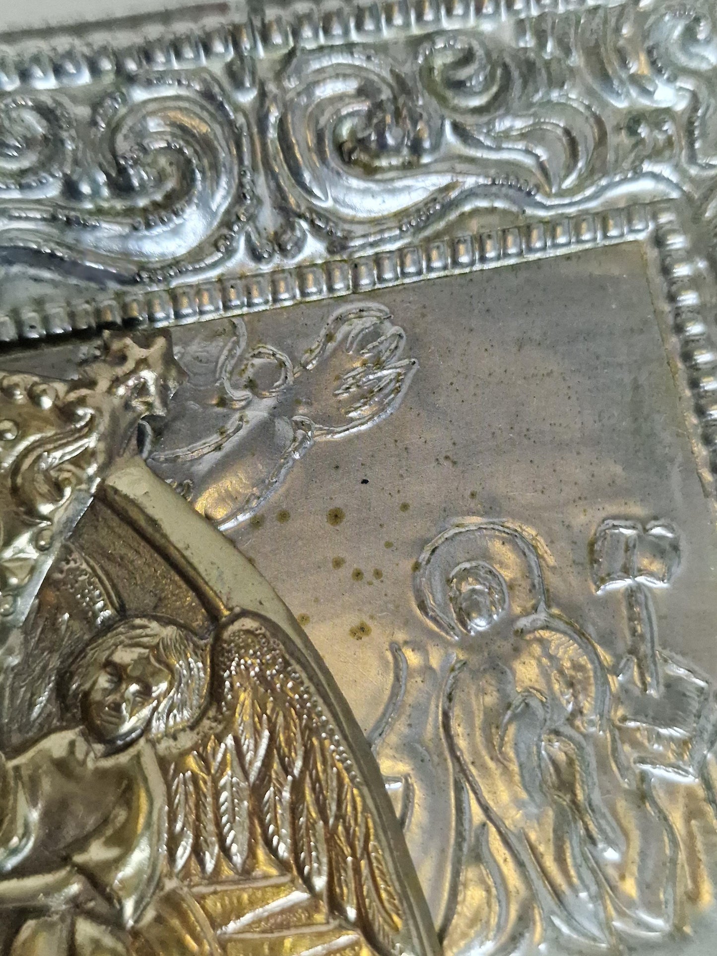 Vintage Our Lady of Czestochowa Icon – Embossed Metal Oklad, Polish Catholic Art