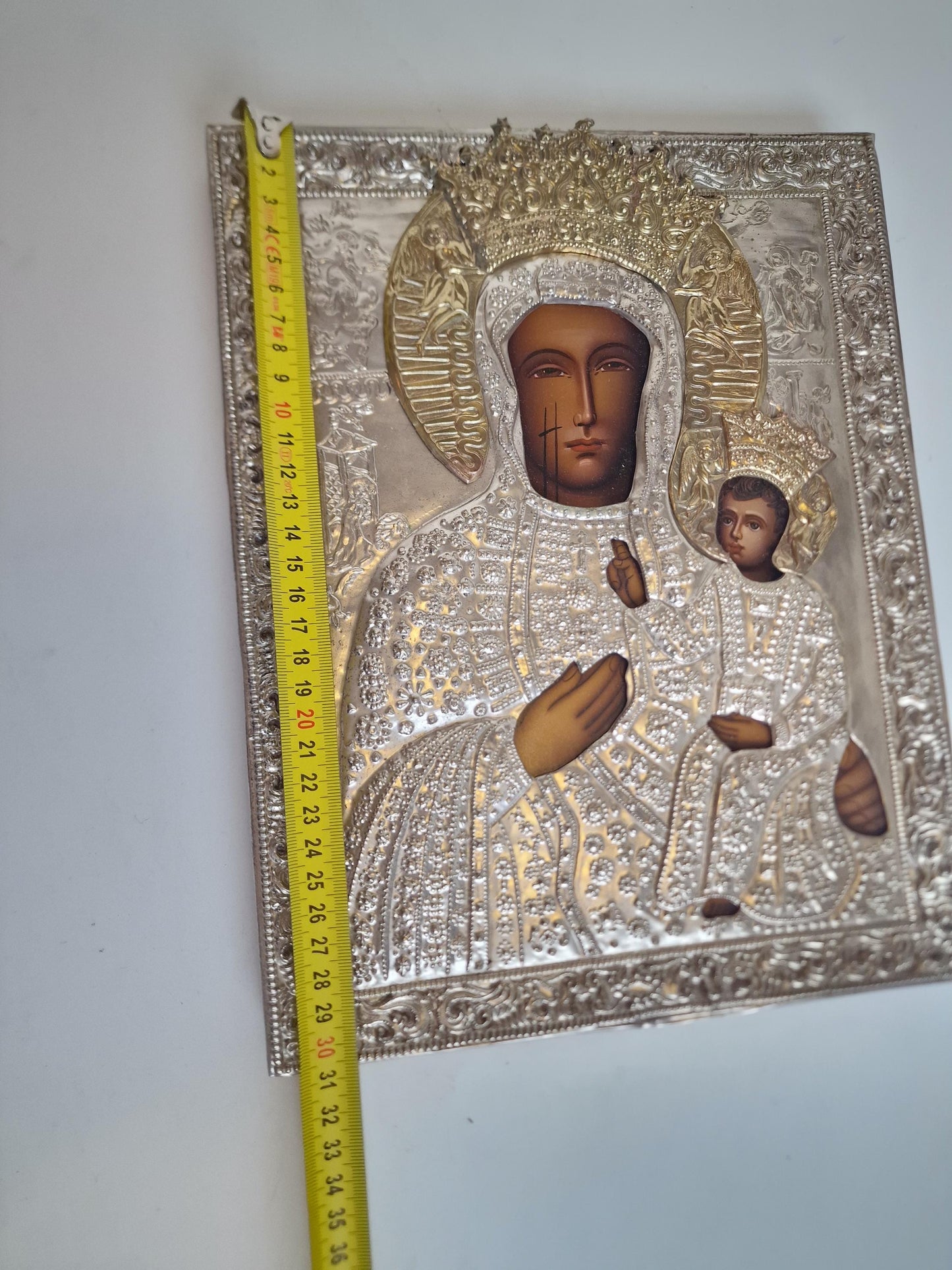 Vintage Our Lady of Czestochowa Icon – Embossed Metal Oklad, Polish Catholic Art