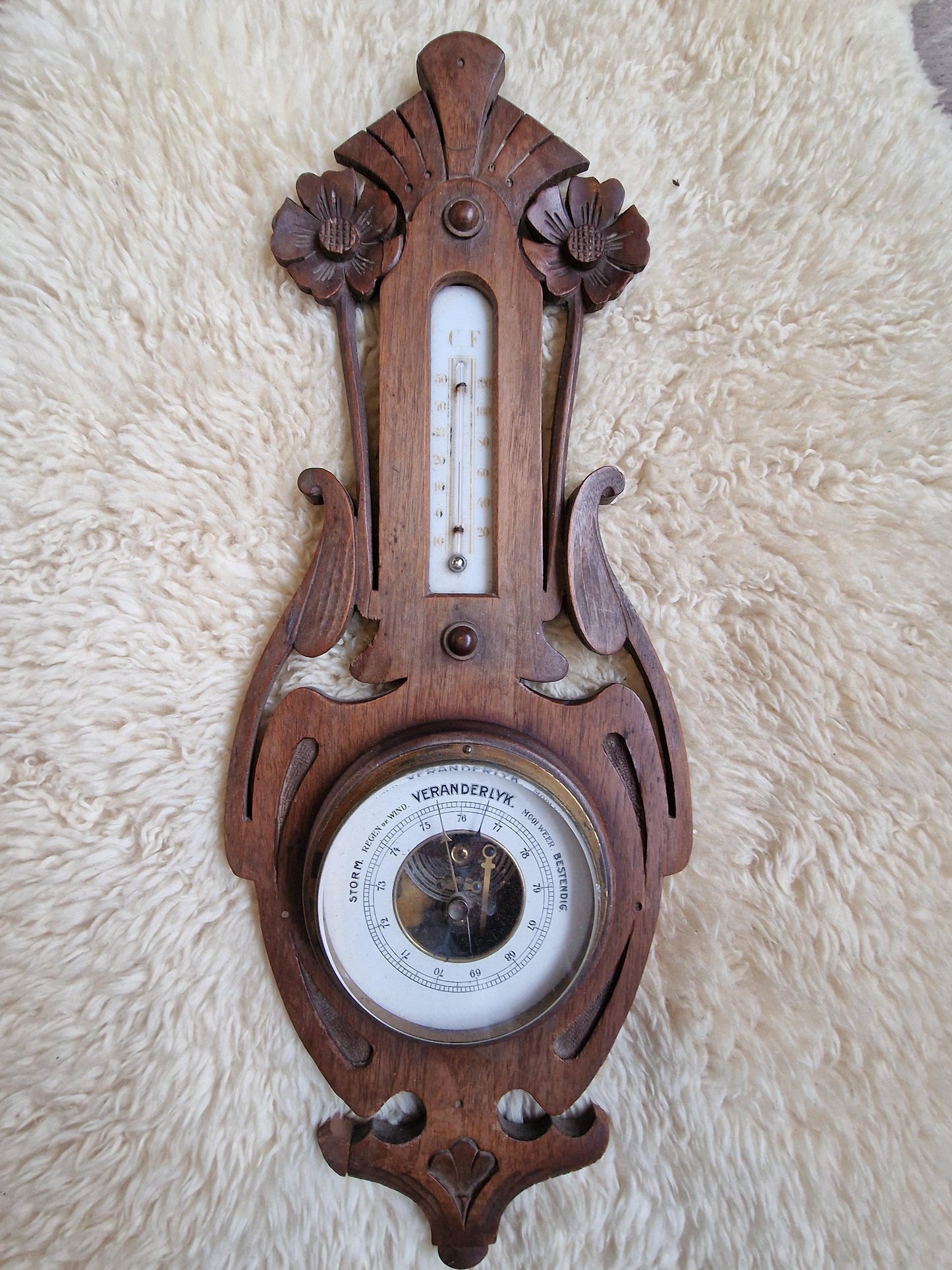 Antique Art Nouveau Holosteric Barometer, dutch Carved Oak Weather Station cottage