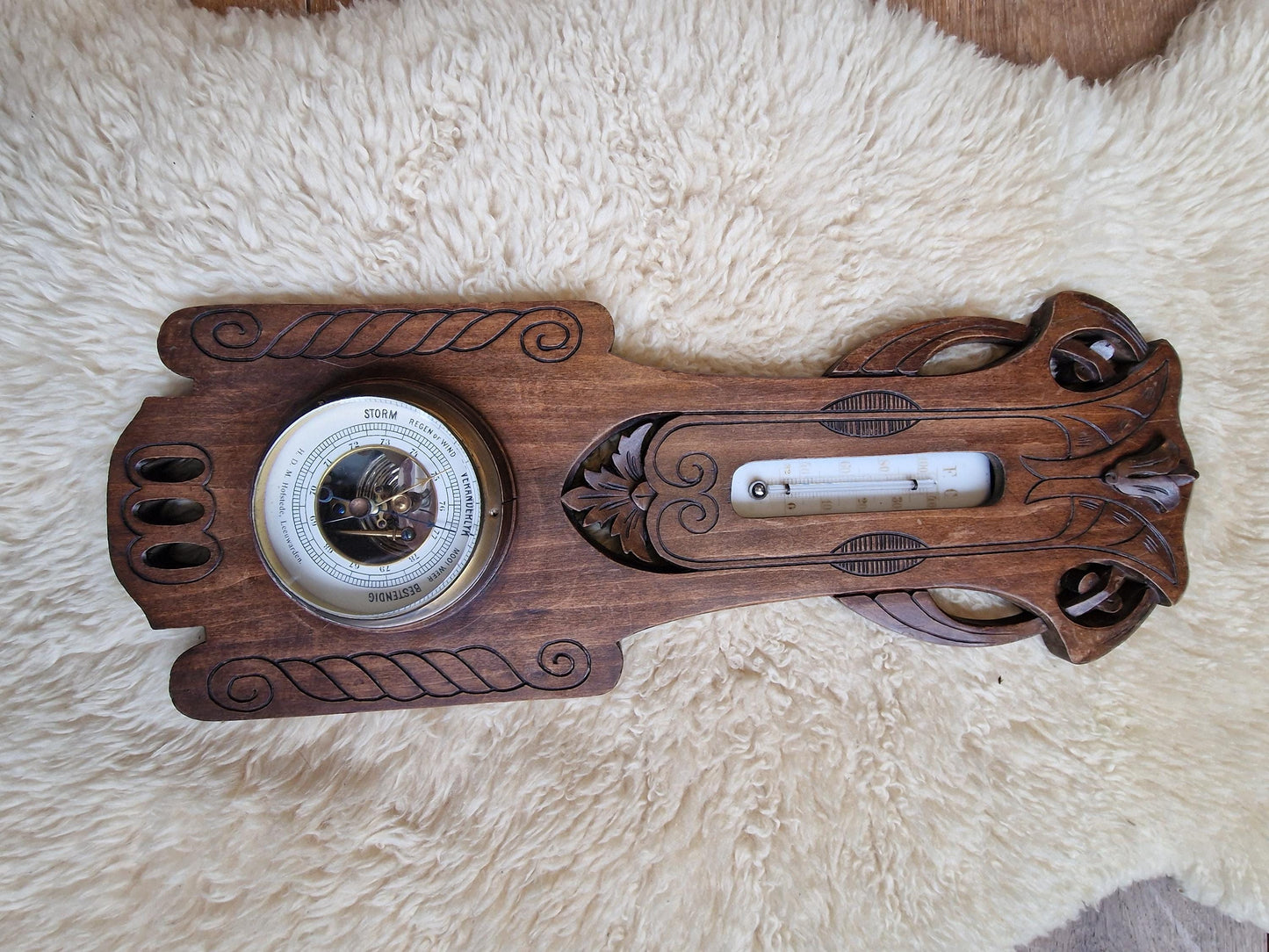 Antique Frysian Art Nouveau Holosteric Barometer, dutch Carved Oak Weather Station Hofstede Leeuwarden the netgerlands