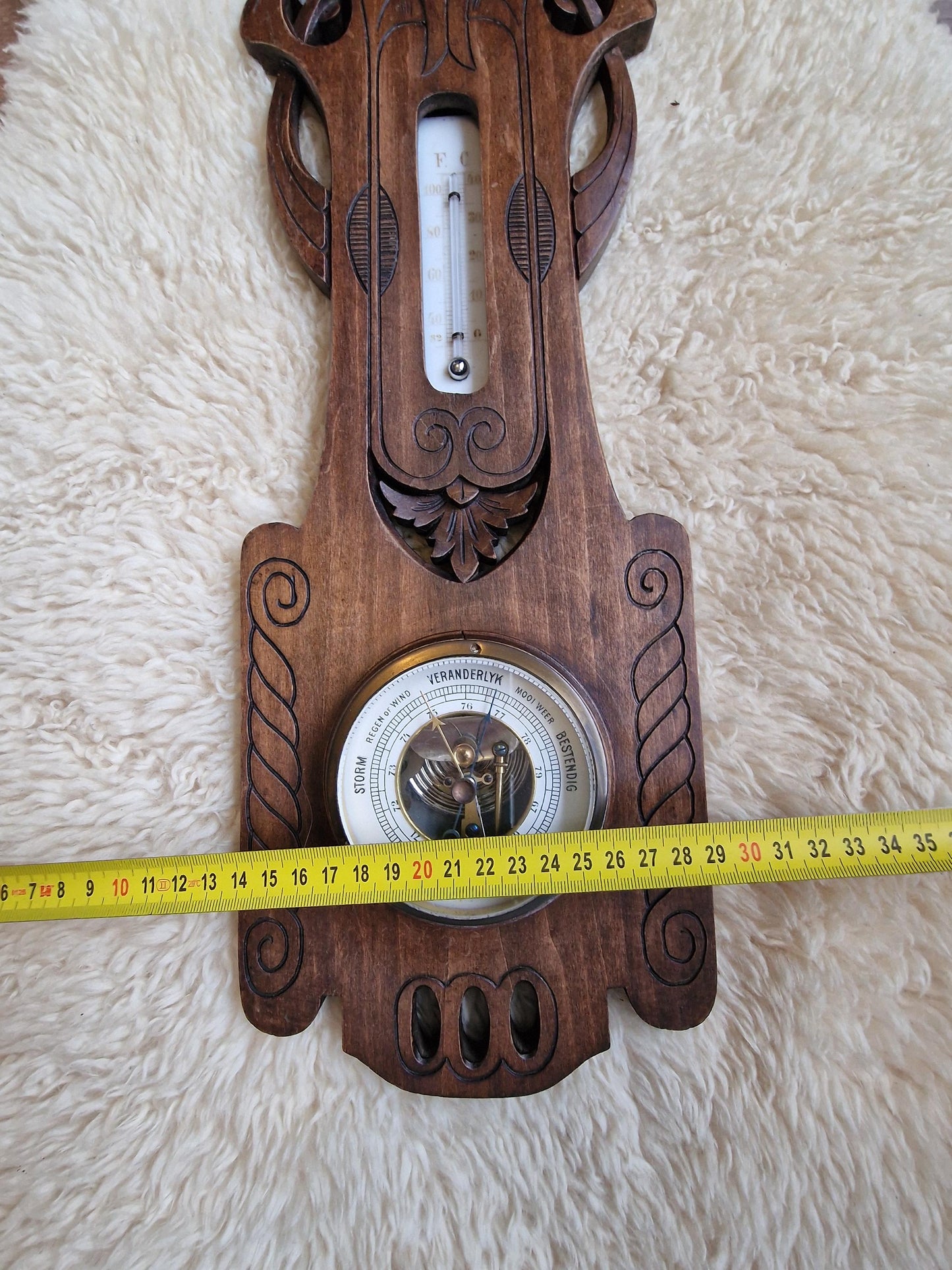 Antique Frysian Art Nouveau Holosteric Barometer, dutch Carved Oak Weather Station Hofstede Leeuwarden the netgerlands
