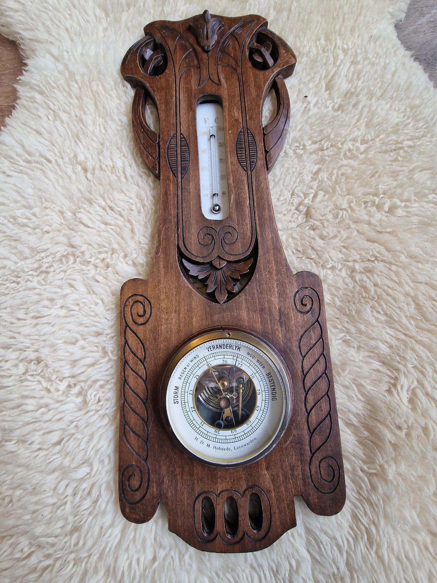 Antique Frysian Art Nouveau Holosteric Barometer, dutch Carved Oak Weather Station Hofstede Leeuwarden the netgerlands