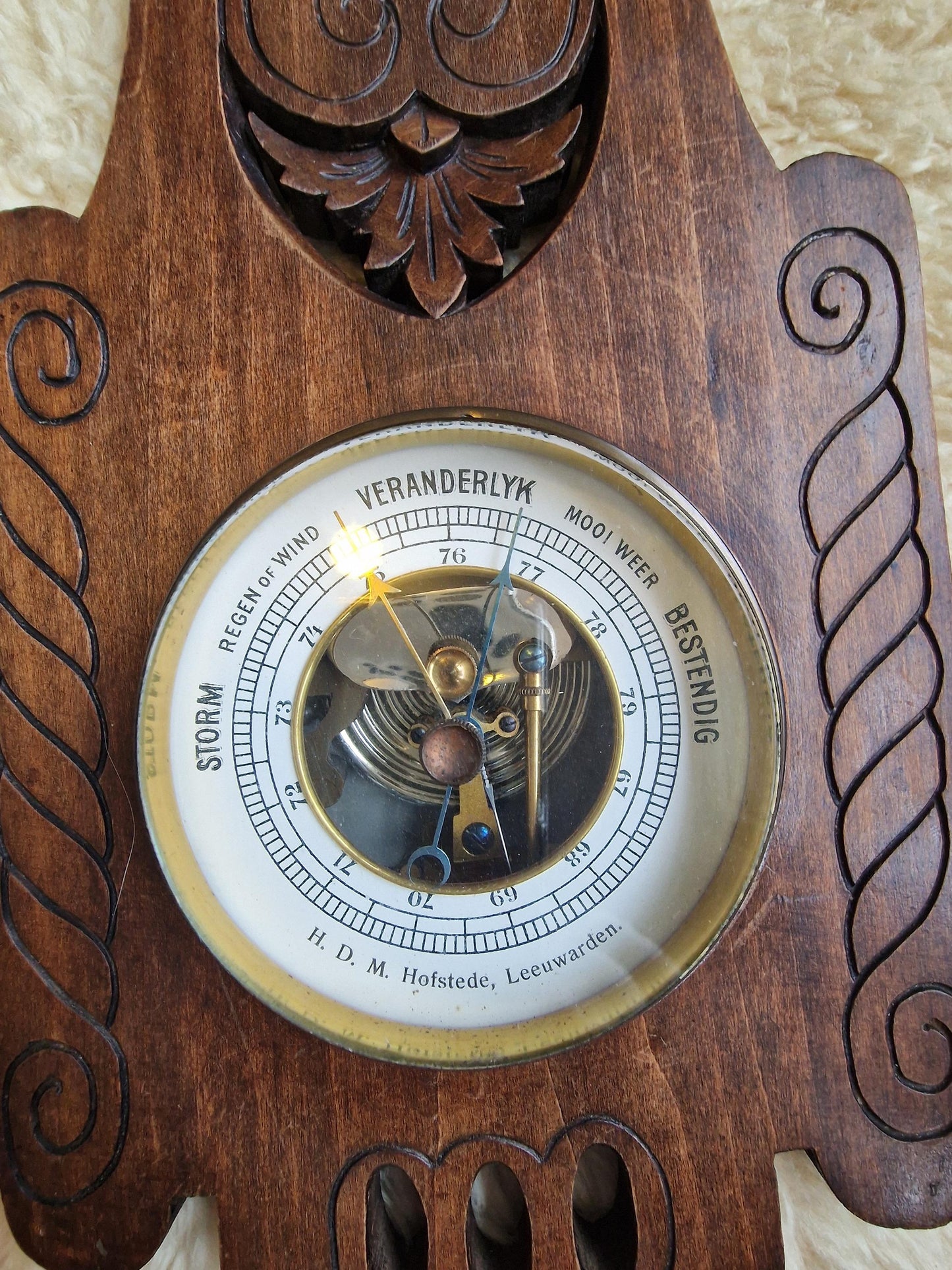 Antique Frysian Art Nouveau Holosteric Barometer, dutch Carved Oak Weather Station Hofstede Leeuwarden the netgerlands