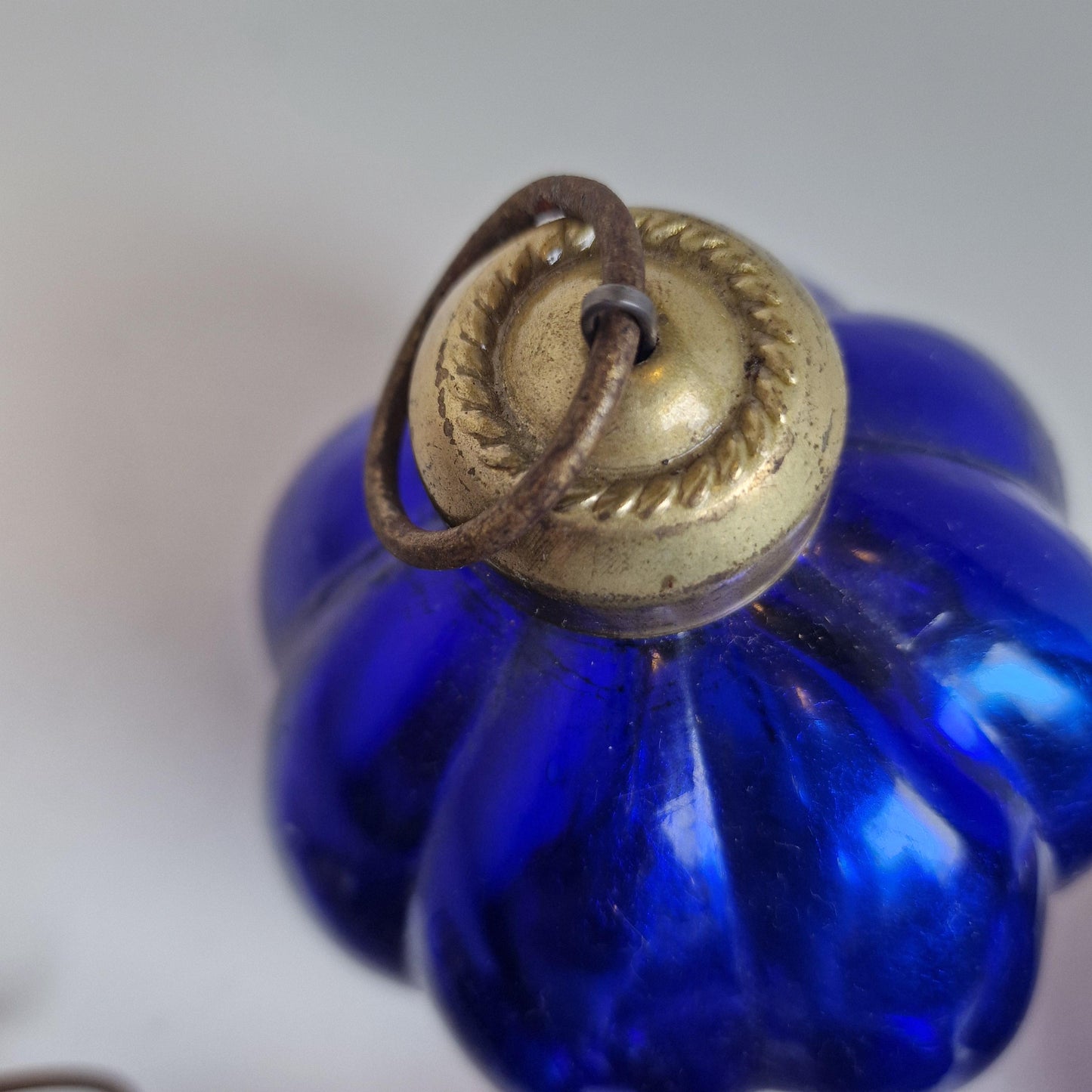 Antique Heavy Glass Christmas Baubles, Cobalt Blue Ornaments, Set of 9