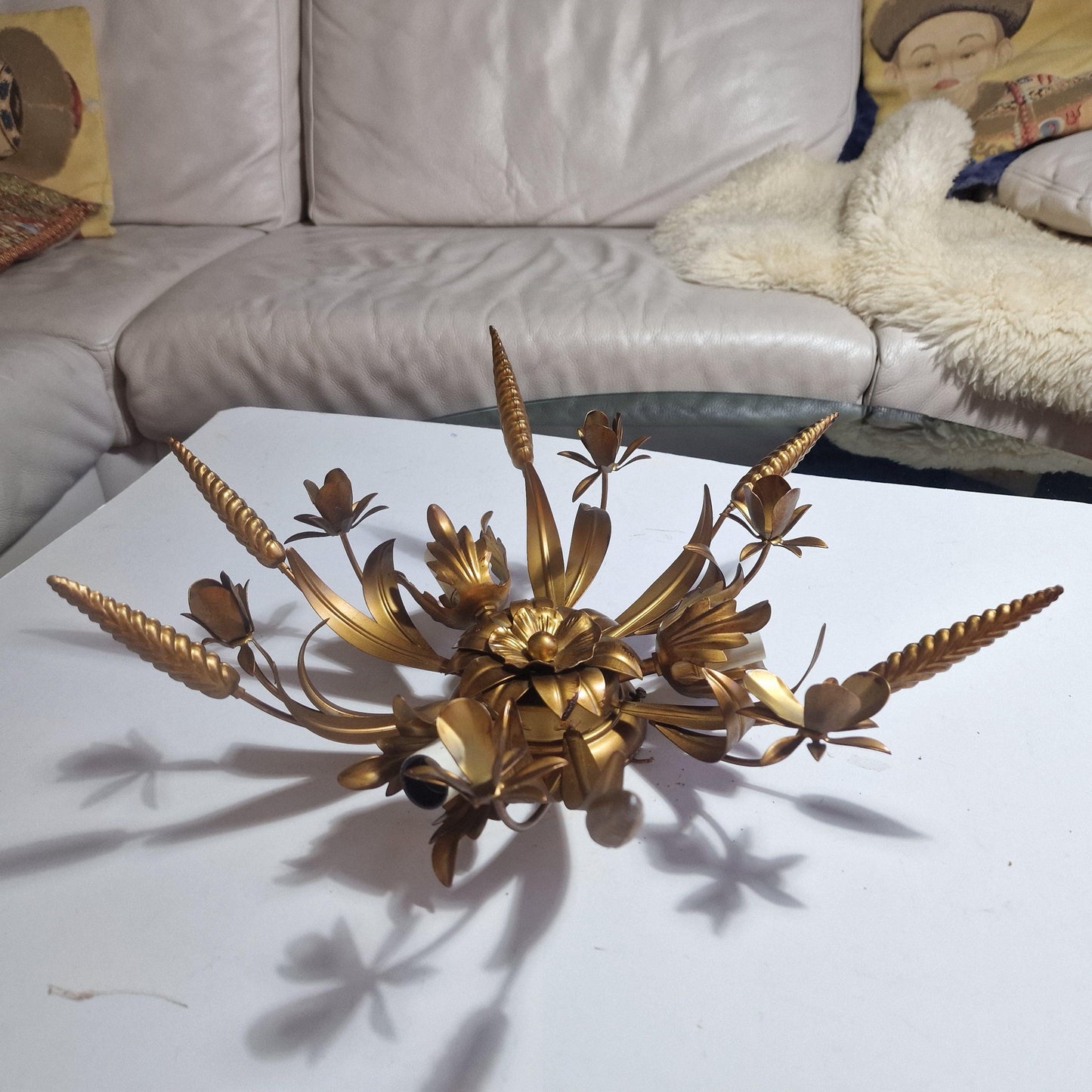 Gold Gilt Corn Lustre Ceiling Chandelier, Hans Kögl, 1960s Hollywood Regency