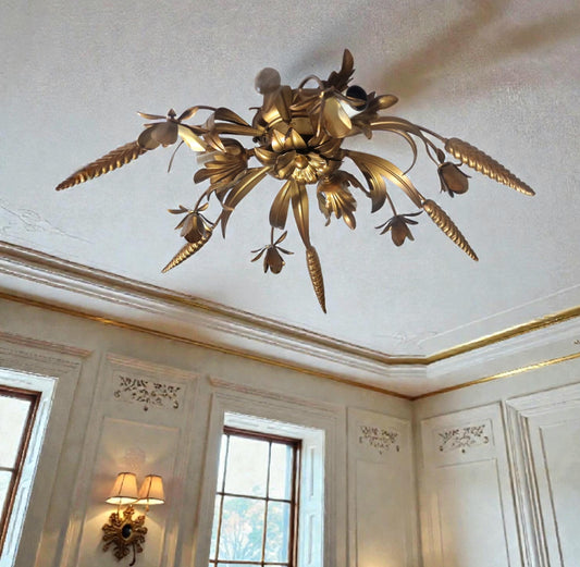 Gold Gilt Corn Lustre Ceiling Chandelier, Hans Kögl, 1960s Hollywood Regency
