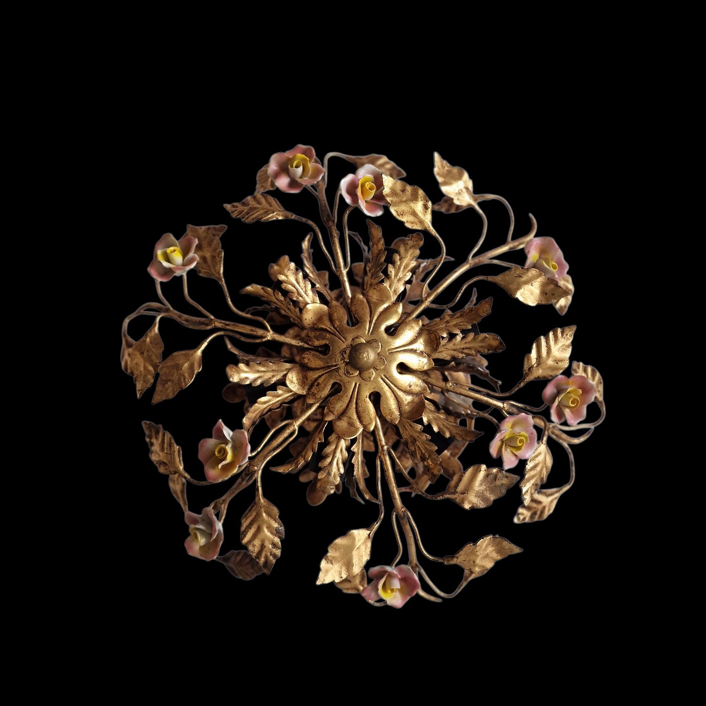 Gold Gilt Porcelain Rose Chandelier, MCM Italian Flower Light