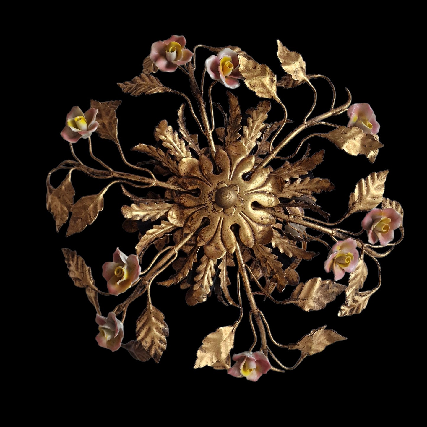 Gold Gilt Porcelain Rose Chandelier, MCM Italian Flower Light