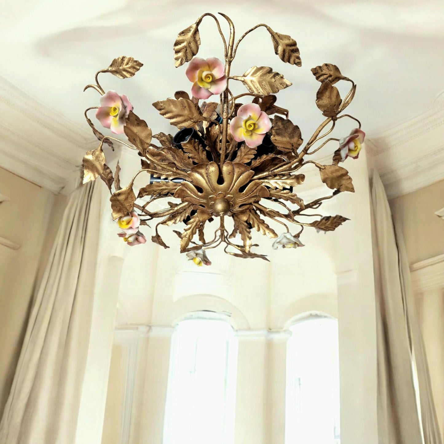 Gold Gilt Porcelain Rose Chandelier, MCM Italian Flower Light