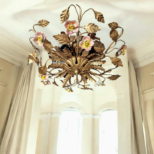 Gold Gilt Porcelain Rose Chandelier, MCM Italian Flower Light
