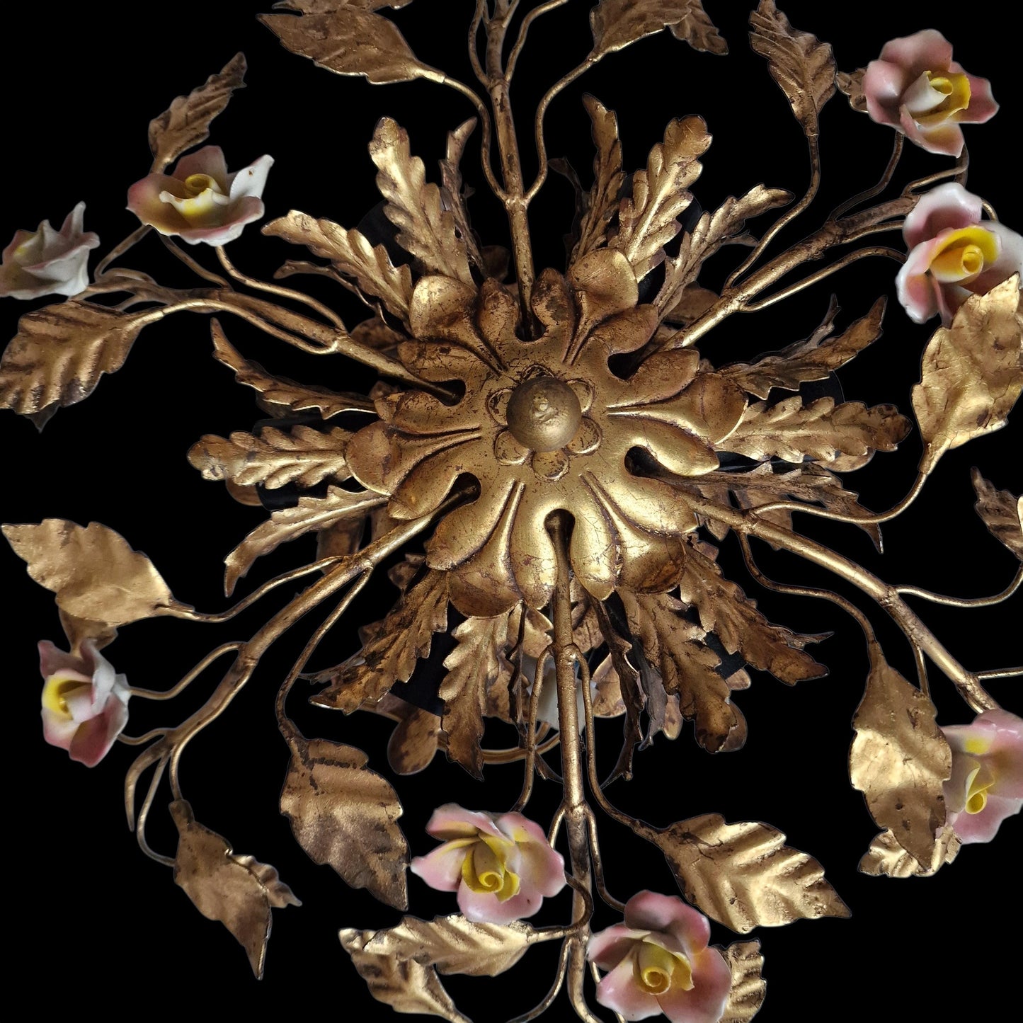 Gold Gilt Porcelain Rose Chandelier, MCM Italian Flower Light