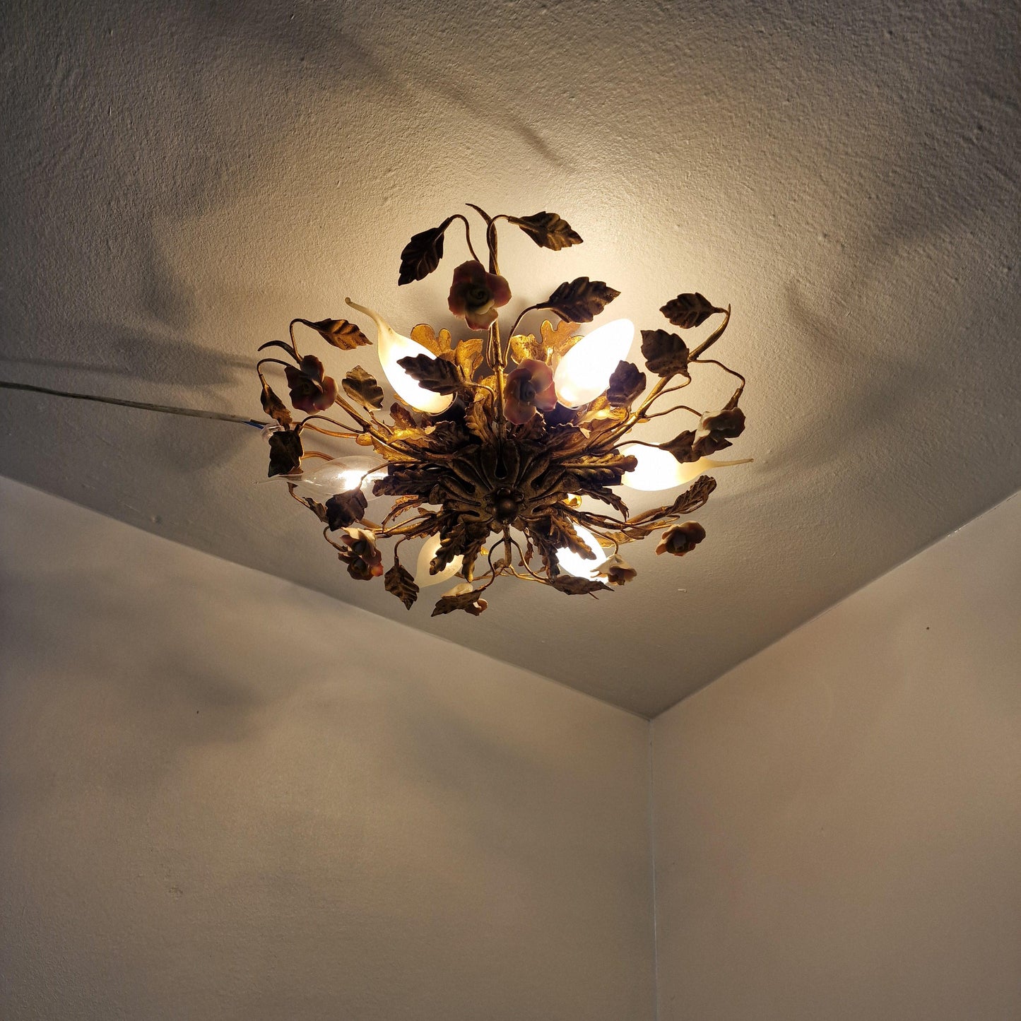 Gold Gilt Porcelain Rose Chandelier, MCM Italian Flower Light