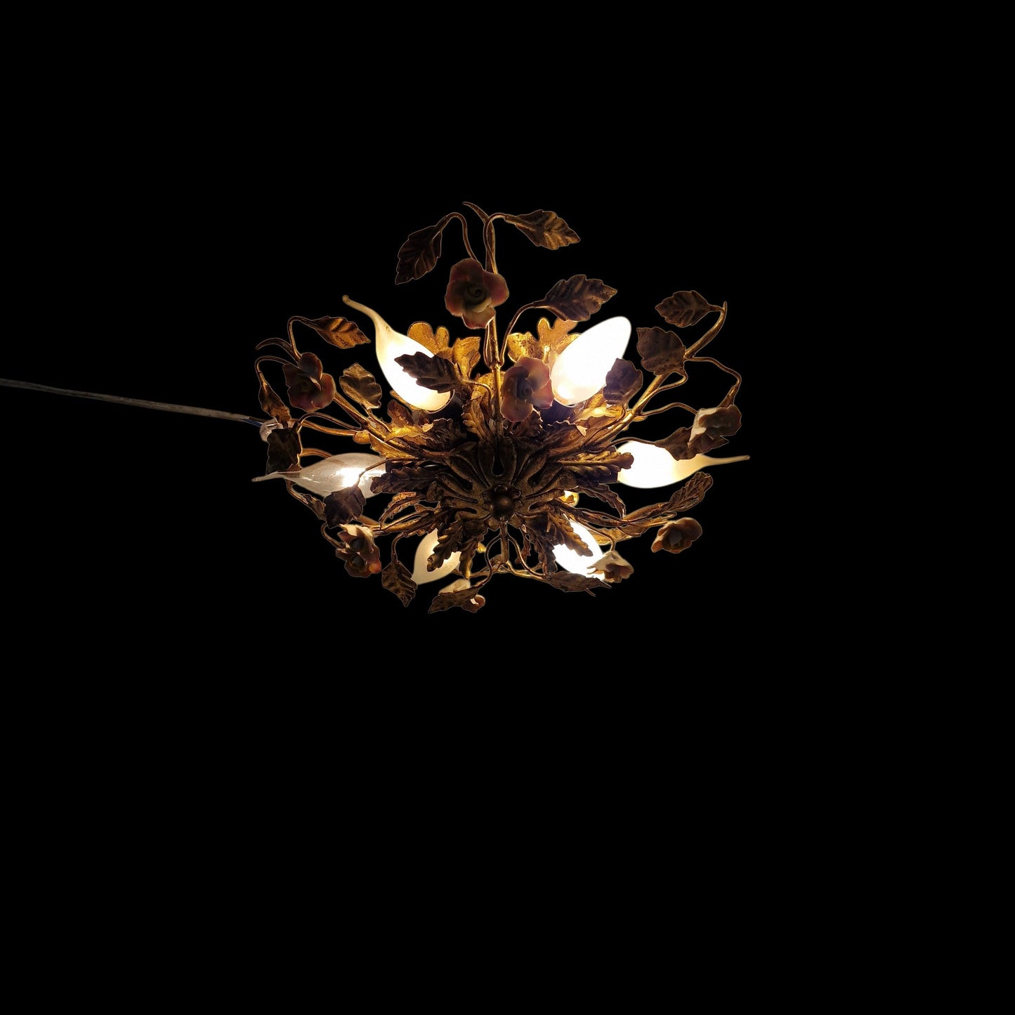 Gold Gilt Porcelain Rose Chandelier, MCM Italian Flower Light