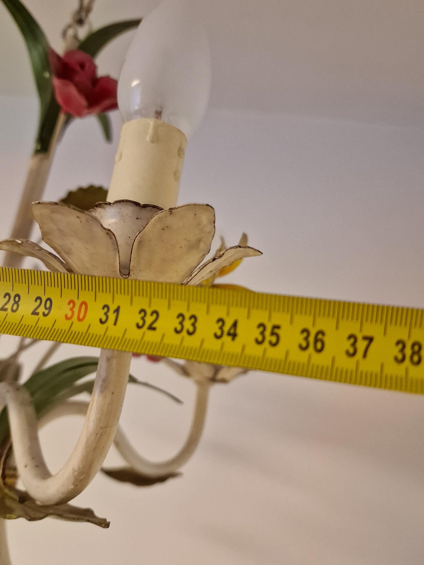 4-Light Exquisite Italian Piedmontese floral chandelier adorned with hand-painted flowers and leaves.