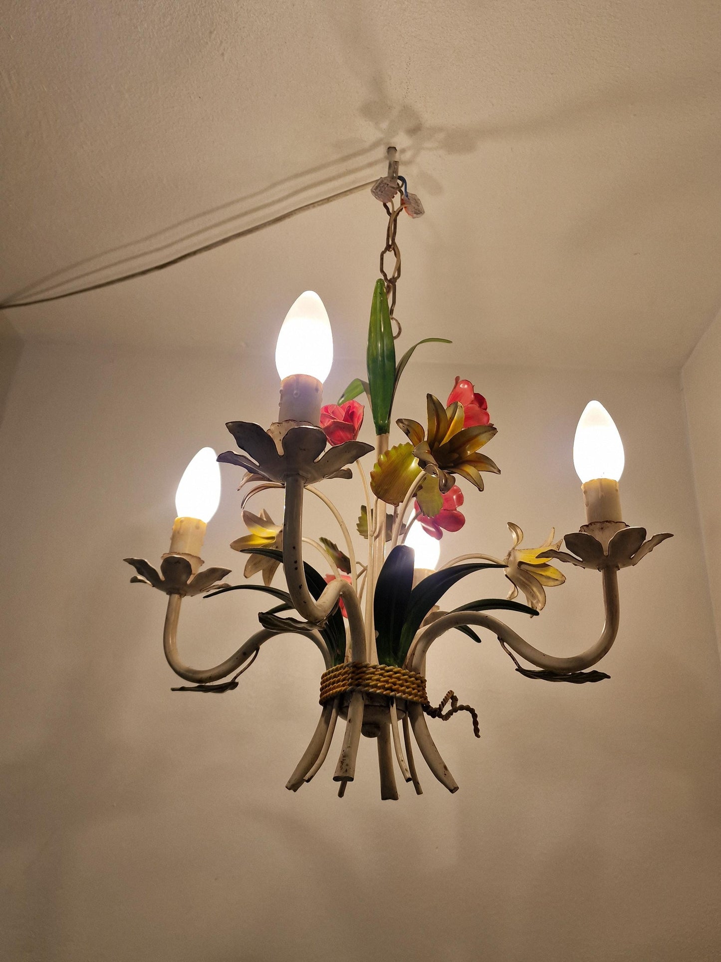 4-Light Exquisite Italian Piedmontese floral chandelier adorned with hand-painted flowers and leaves.