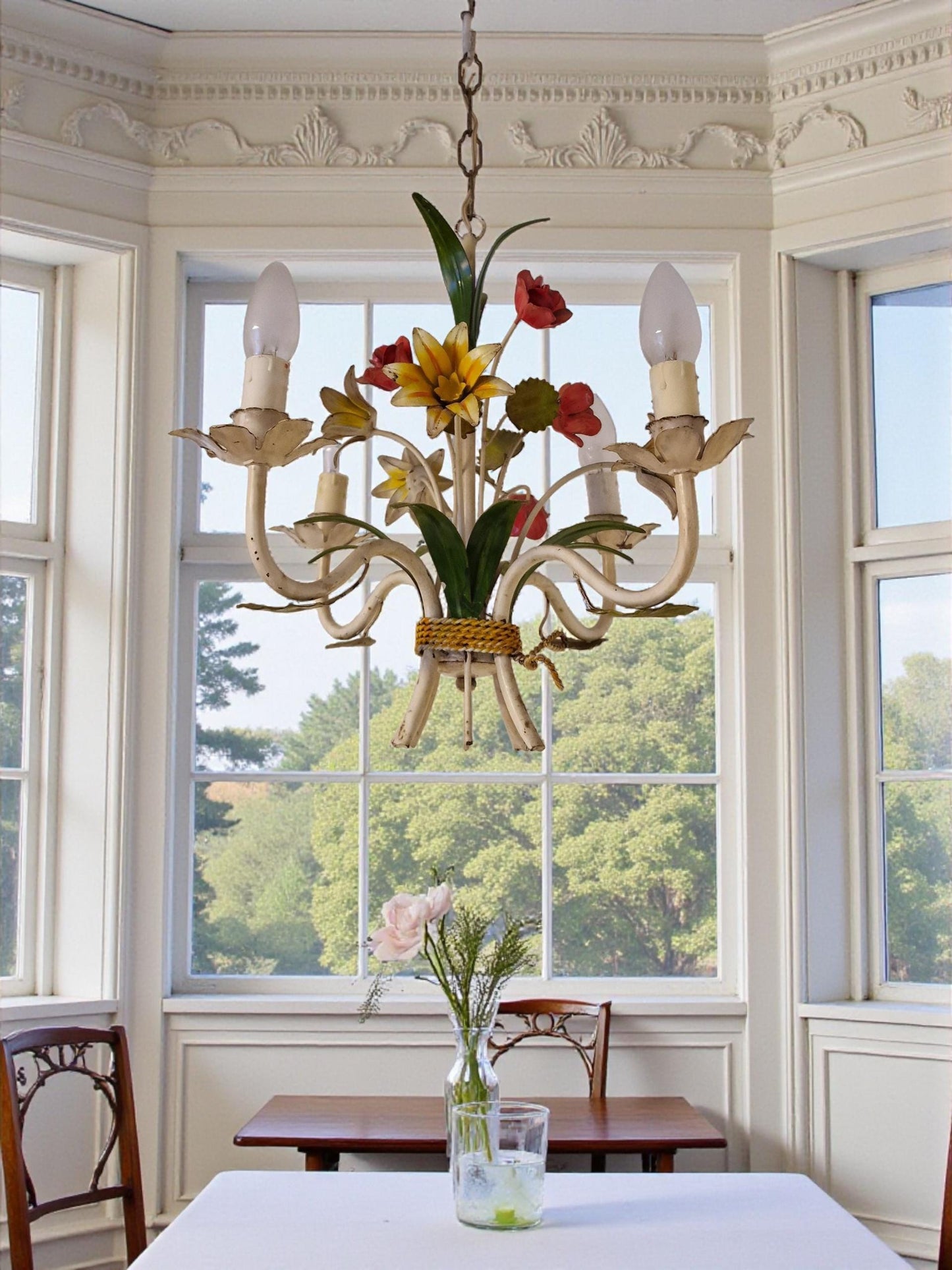 4-Light Exquisite Italian Piedmontese floral chandelier adorned with hand-painted flowers and leaves.