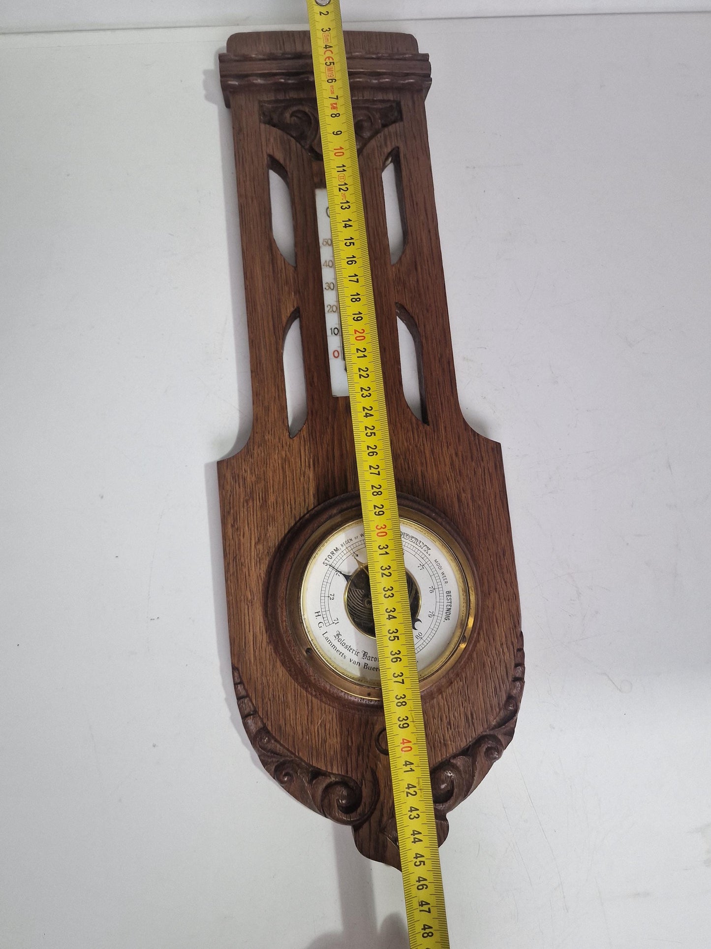 Antique Art Nouveau Barometer, Lammers van Bueren, Utrecht, Netherlands, Carved holosterie weatherstation thermometer jugendstil,