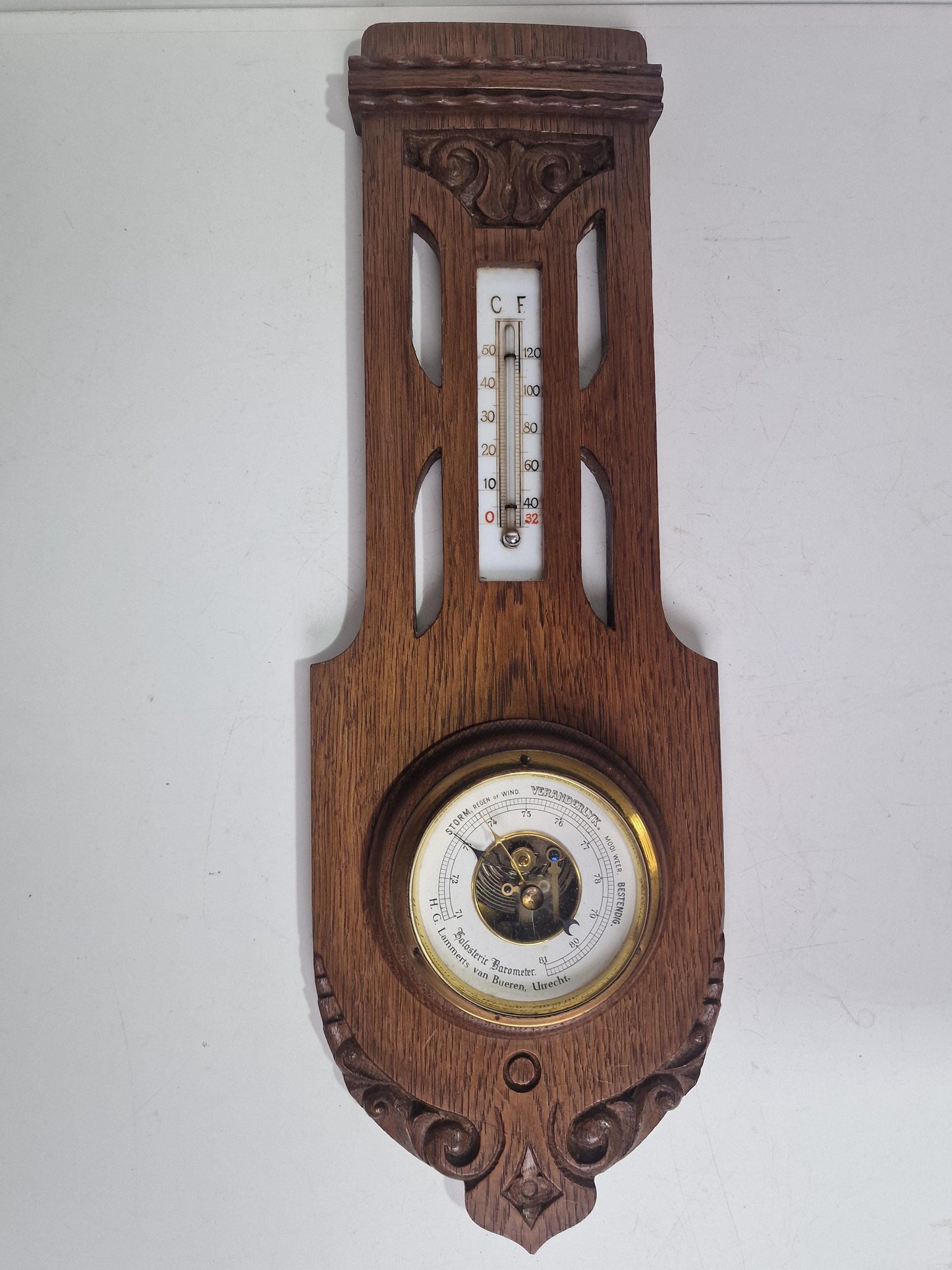 Antique Art Nouveau Barometer, Lammers van Bueren, Utrecht, Netherlands, Carved holosterie weatherstation thermometer jugendstil,