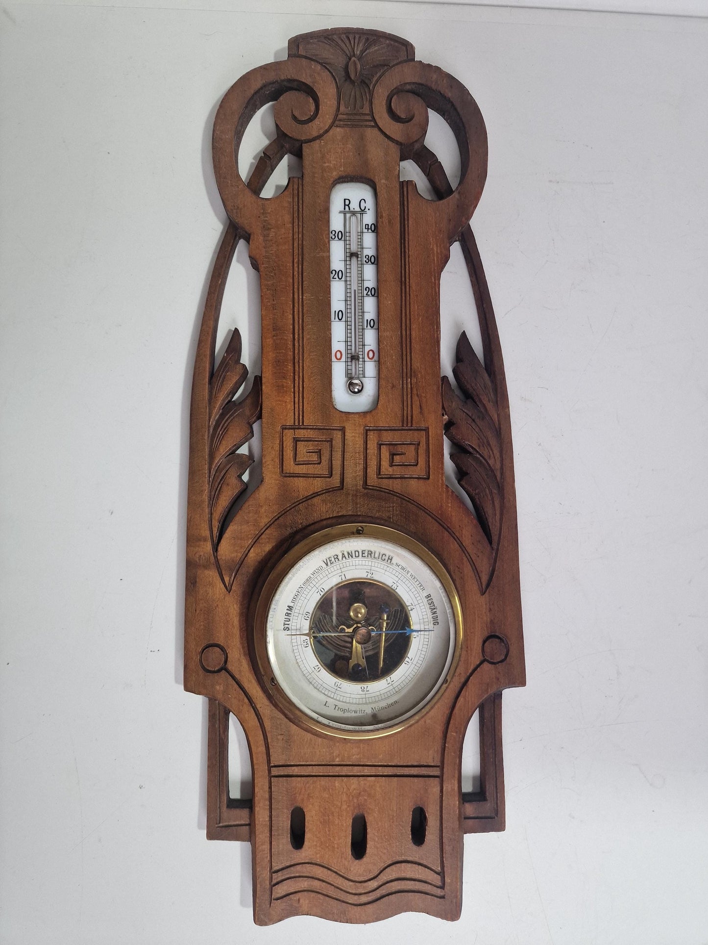 Antique Art Nouveau Barometer, Troplowitz, Munchen, Germany Bavaria, Carved holosterie weatherstation
