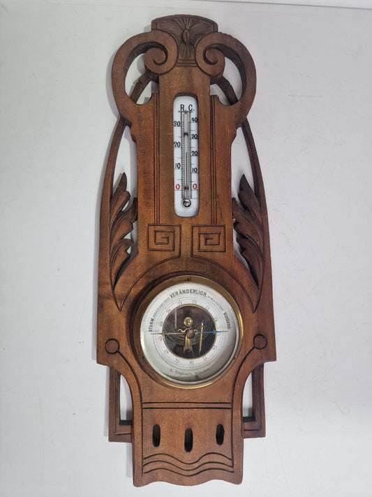 Antique Art Nouveau Barometer, Troplowitz, Munchen, Germany Bavaria, Carved holosterie weatherstation