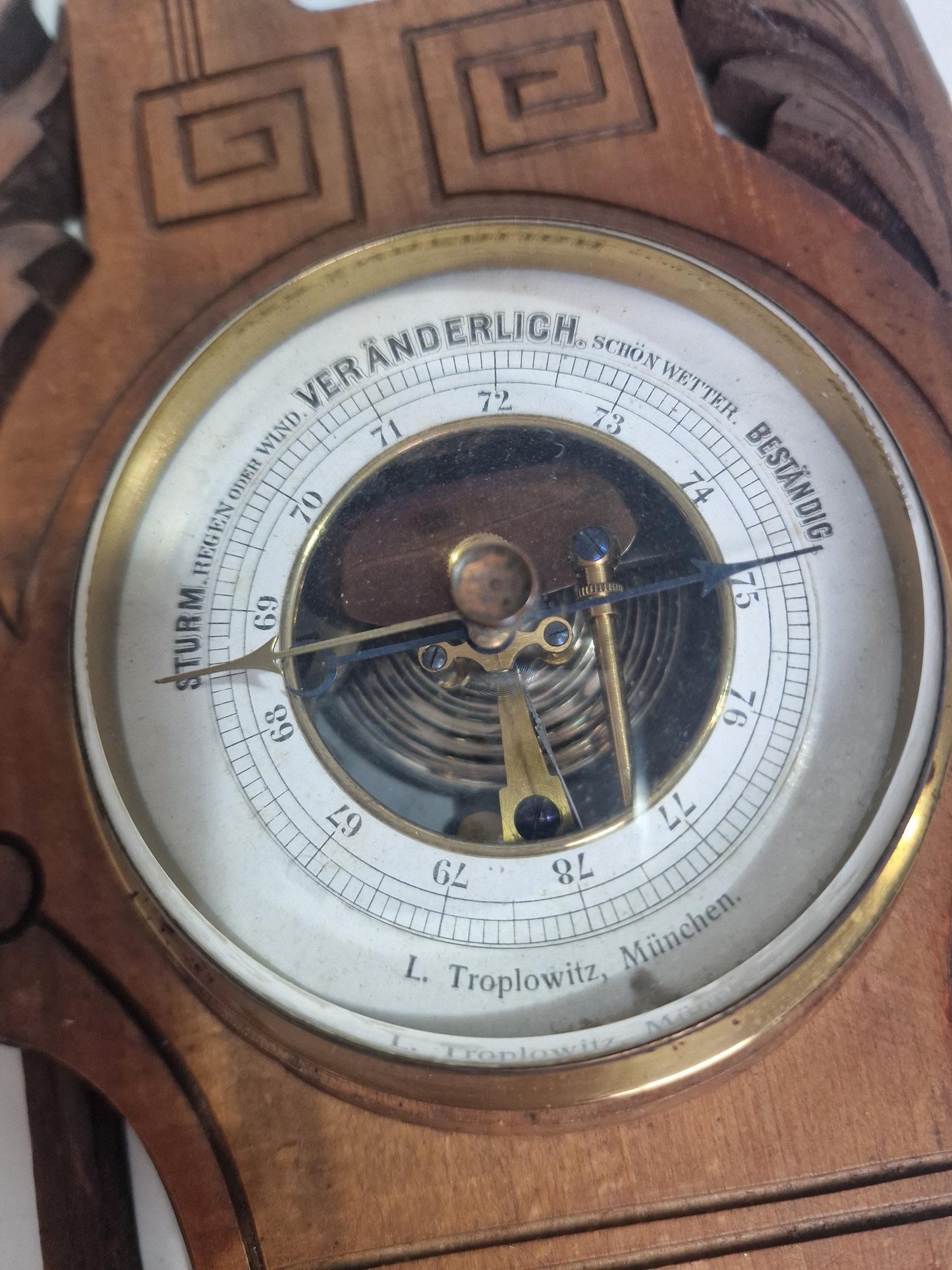 Antique Art Nouveau Barometer, Troplowitz, Munchen, Germany Bavaria, Carved holosterie weatherstation