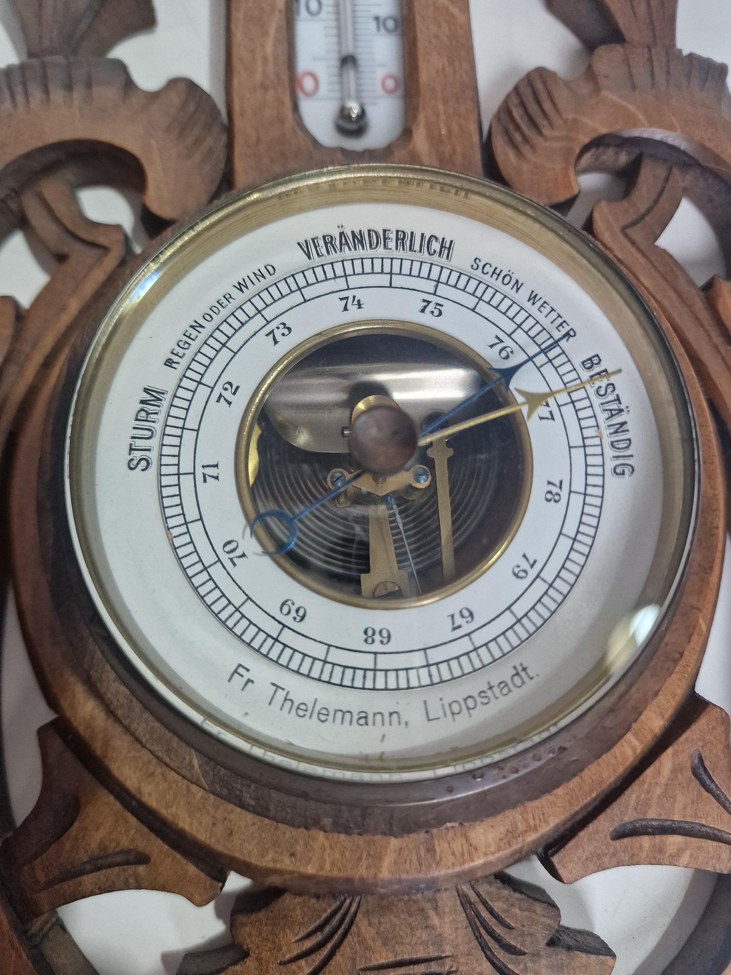 Antique Art Nouveau Barometer, Thelemann, Lippstadt , Carved holosterie weatherstation