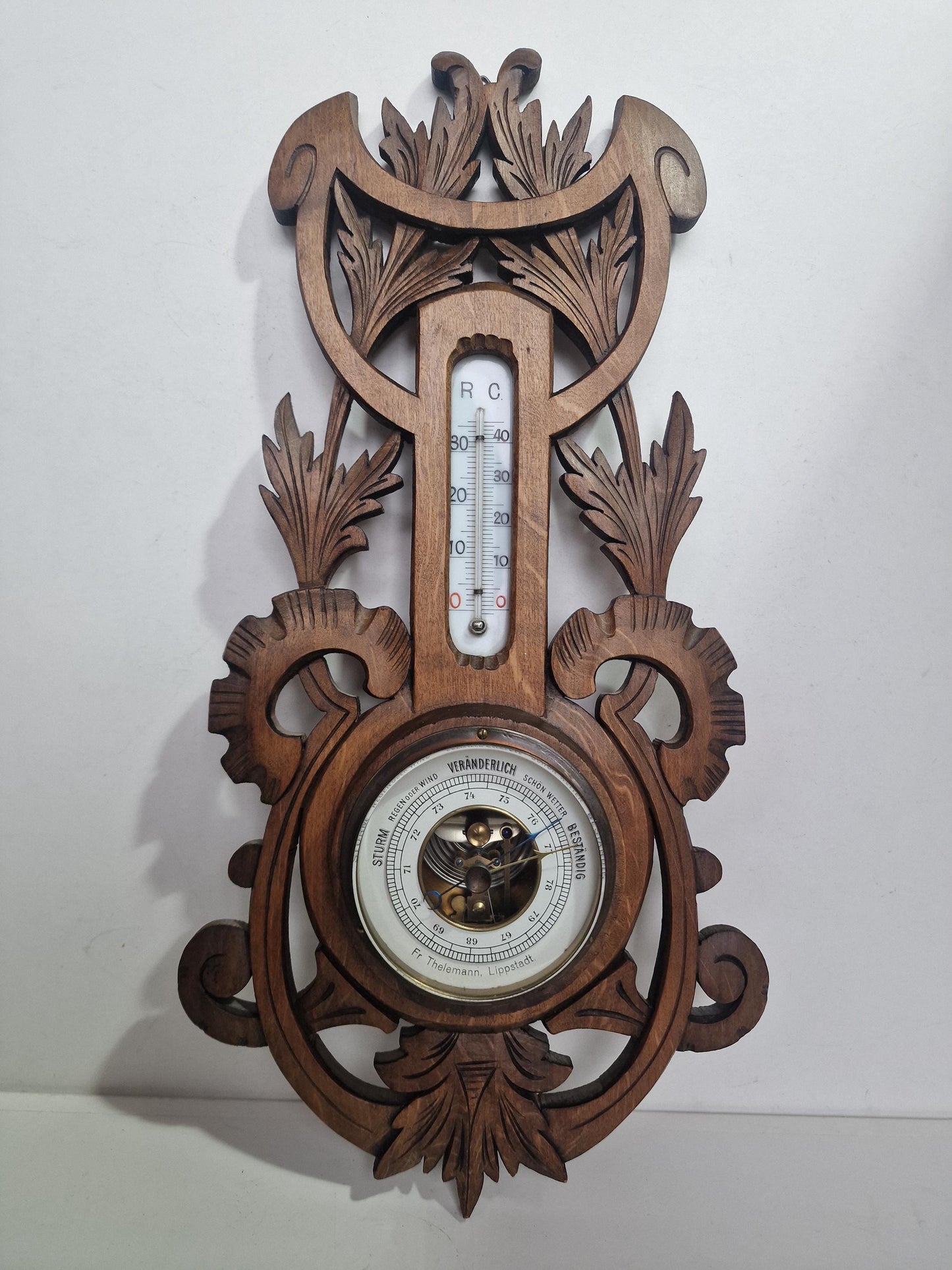 Antique Art Nouveau Barometer, Thelemann, Lippstadt , Carved holosterie weatherstation