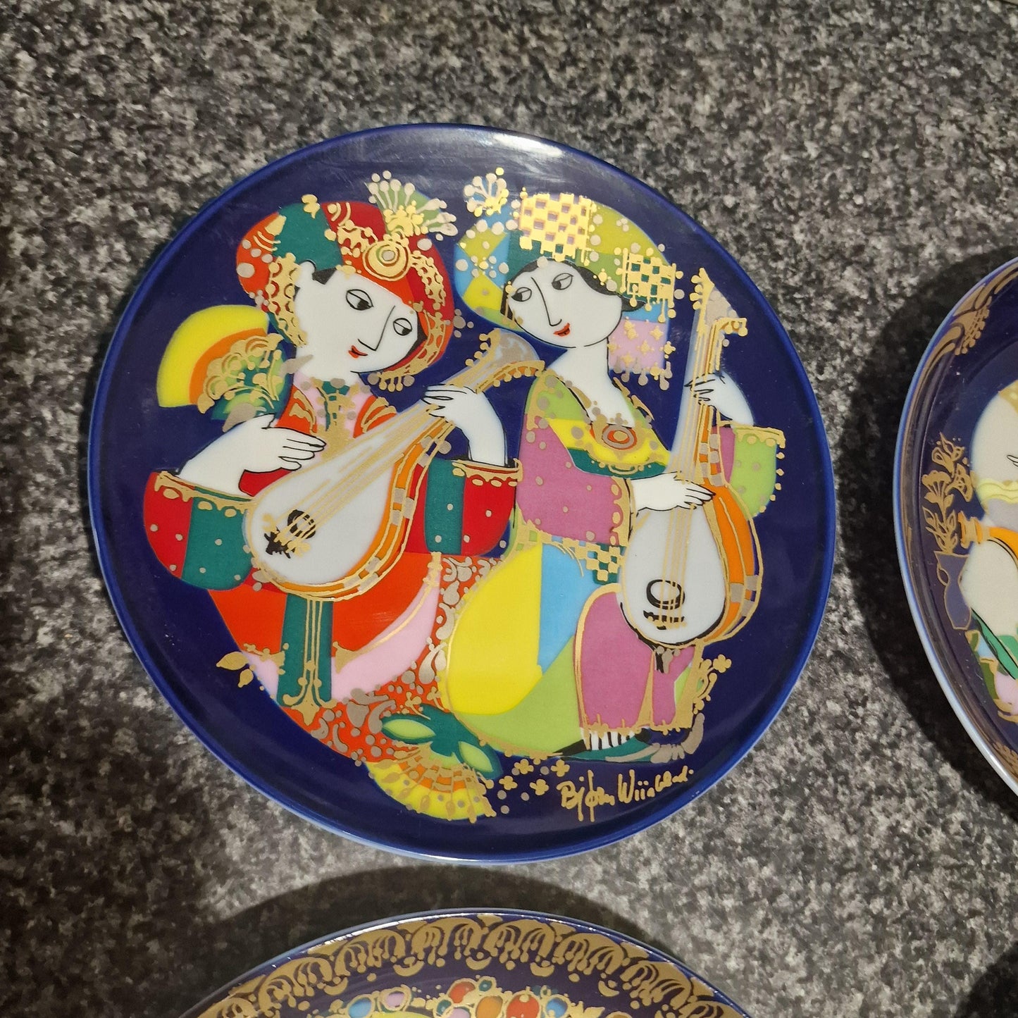 Bjørn Wiinblad Rosenthal Porcelain Plates, Gold Plated Decor (Set of 3)