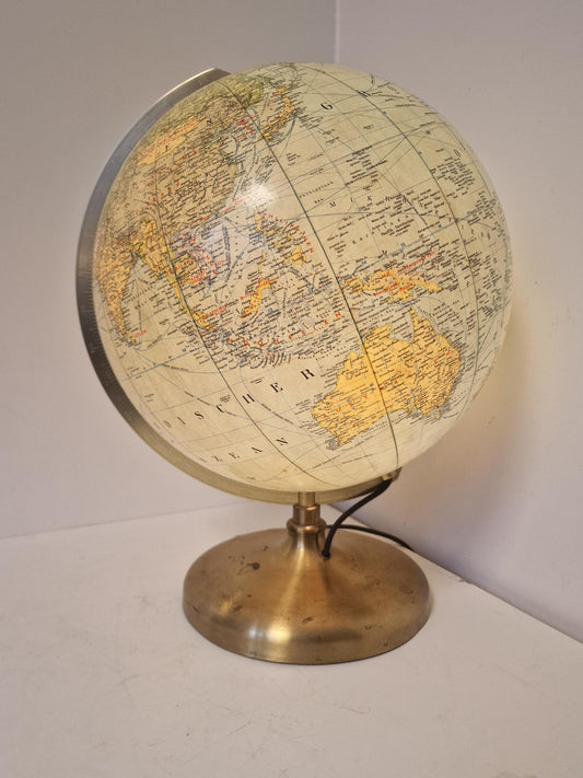 Vintage XL Light Up Glass Globe – JRO verlag Munchen, Germany, luxury brass foot, mcm wereldbol