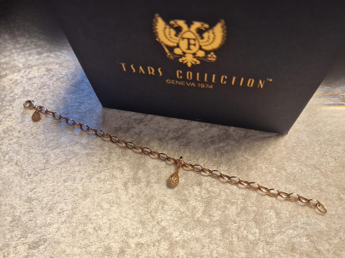 Fabergé Tsars Collection champagne rose goldgilt  Sterling Silver Bracelet with egg charm , faberge tatiana tsars collection