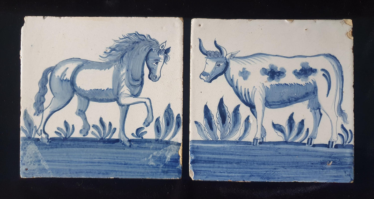 Dutch Delft Blue Tiletableau, Horse and Cow, 18th century, antique collectable and backsplash fireplace kitchen tiles Set of 2, ausema