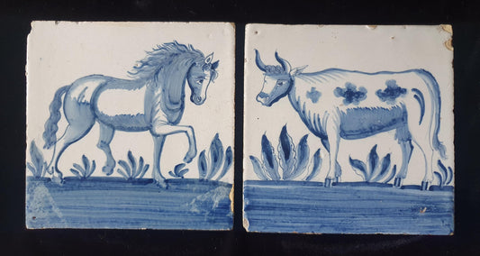 Dutch Delft Blue Tiletableau, Horse and Cow, 18th century, antique collectable and backsplash fireplace kitchen tiles Set of 2, ausema