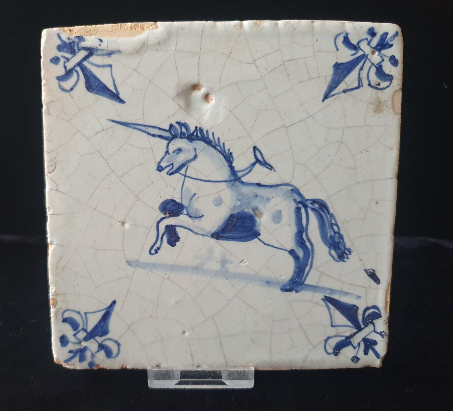 Delftse tegel met een een eenhoorn; antieke Delft Blue Dutch 17e eeuw, verzameltegel, backsplash, fireplace