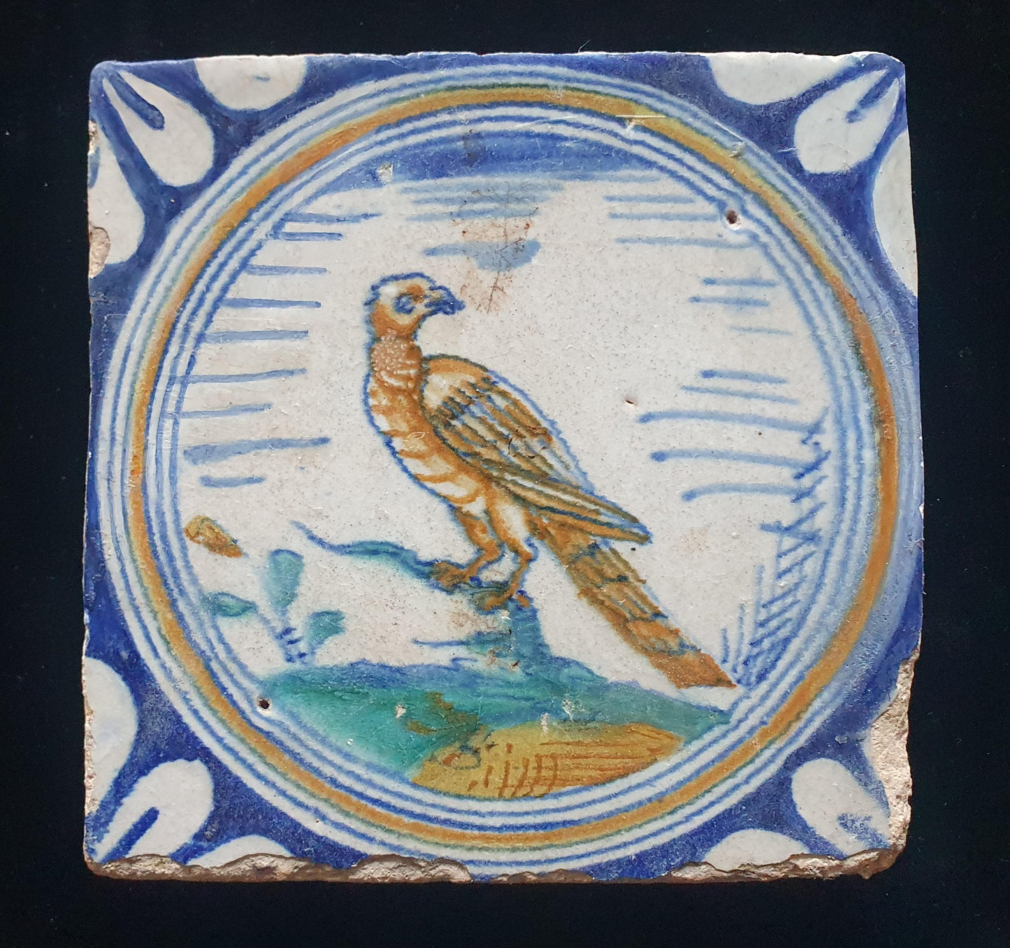 Deze zeldzame Delftse tegel uit de 17e eeuw, beschilderd rond 1620, toont een  roofvogel op een tak . ;  verzameltegel.
