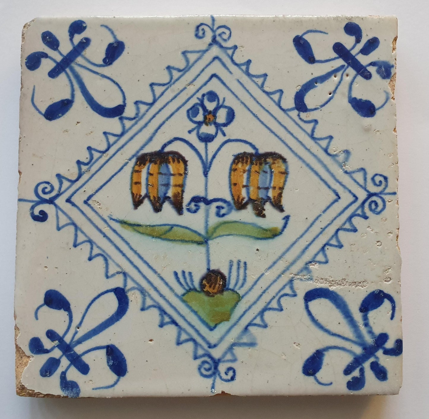 Een polychrome Hollandse tegel deze is gemaakt rond 1650 en toont een Fritillaria (Slangenkopbloem);  Dutch 17e eeuw, verzameltegel.