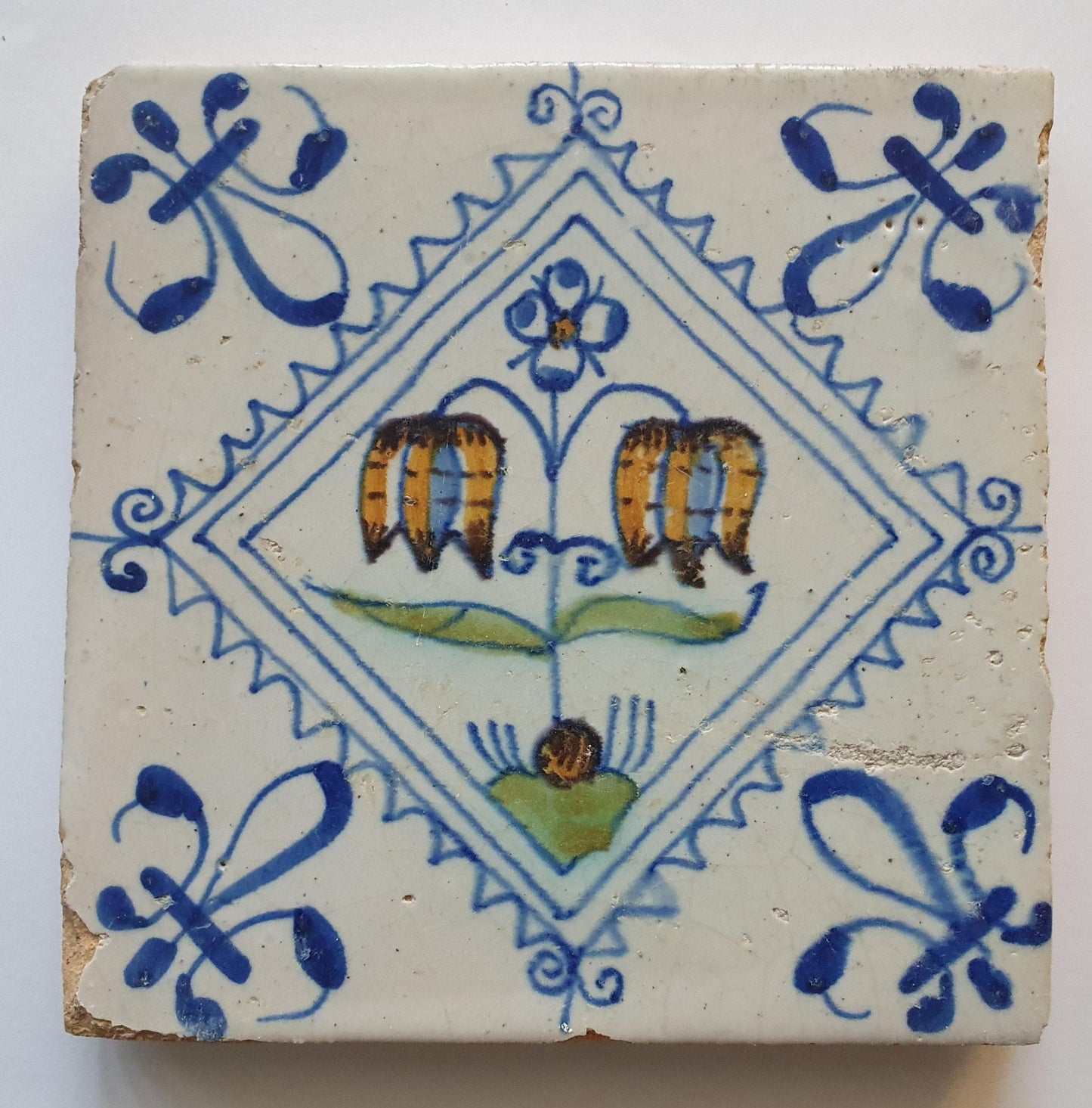Een polychrome Hollandse tegel deze is gemaakt rond 1650 en toont een Fritillaria (Slangenkopbloem);  Dutch 17e eeuw, verzameltegel.