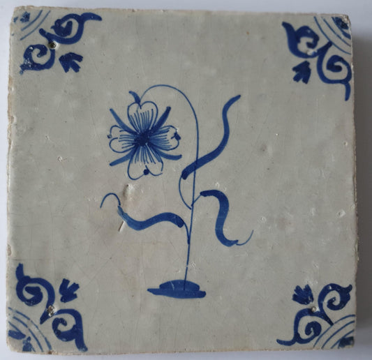 Deze  Delftse tegel toont een fraai geschilderde bloem en het blauw,  antieke Delft Blue Dutch 17e eeuw, verzameltegel.