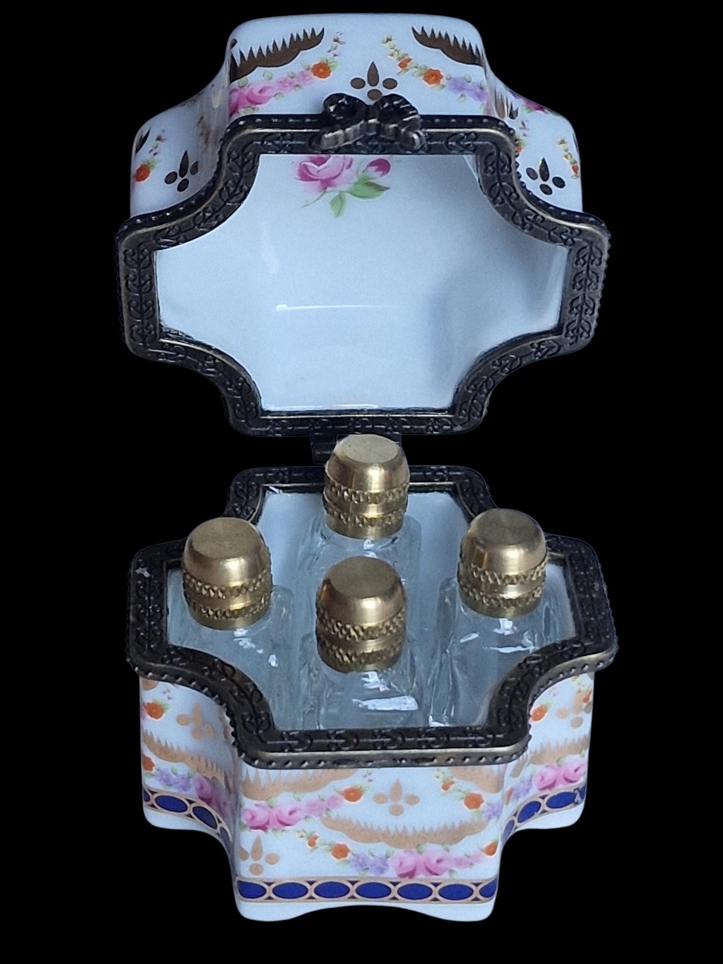 Perfume cascet porcelain with 4 perfume bottles, romantic