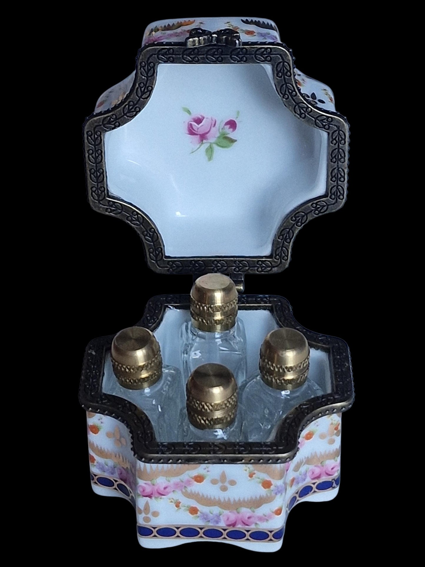 Perfume cascet porcelain with 4 perfume bottles, romantic