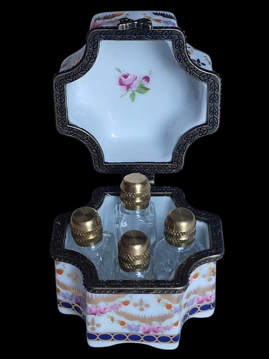 Perfume cascet porcelain with 4 perfume bottles, romantic