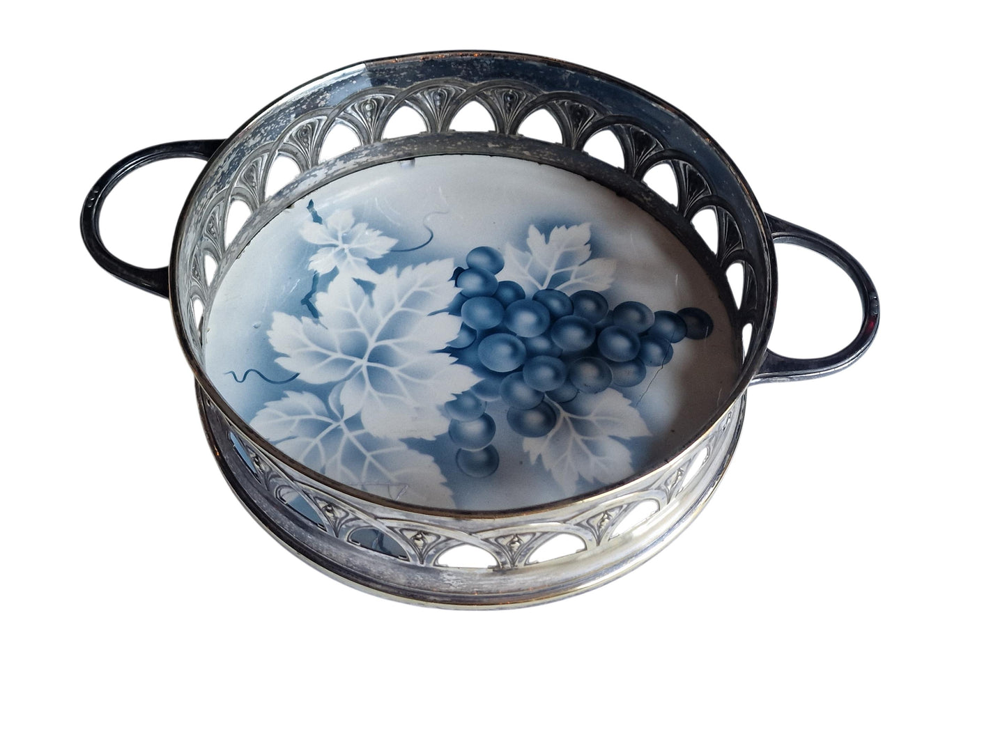 Art Nouveau Grape Dish with Ceramic Insert and silvered Mount, c.1900–1925,  original Art Nouveau Jugendstil grape server platter basket