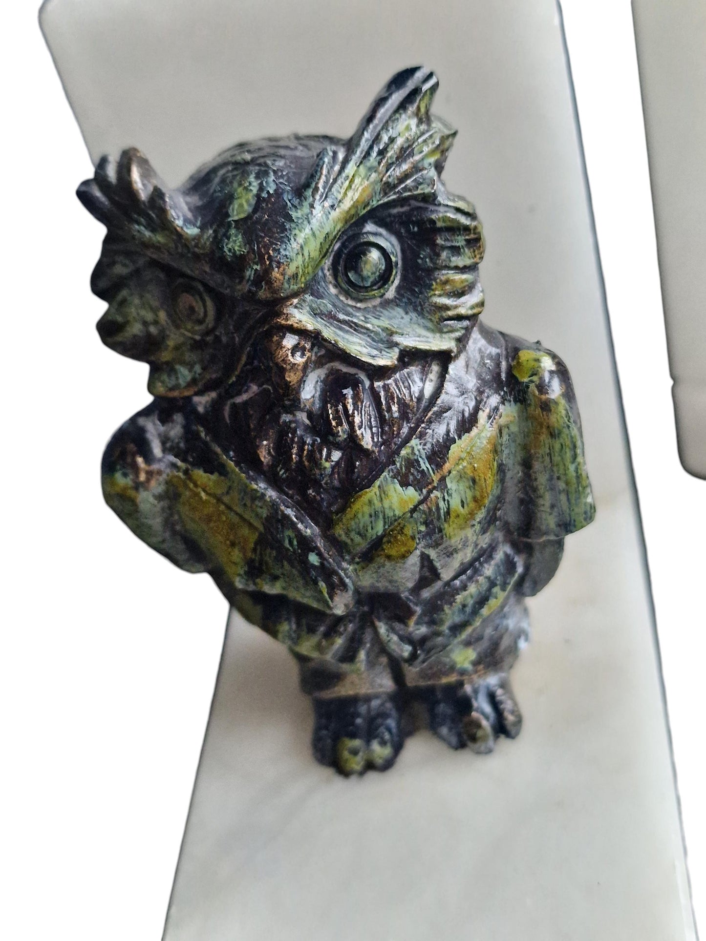 Art Deco Bronze Owl Bookends, Cold Painted, Carara Marble