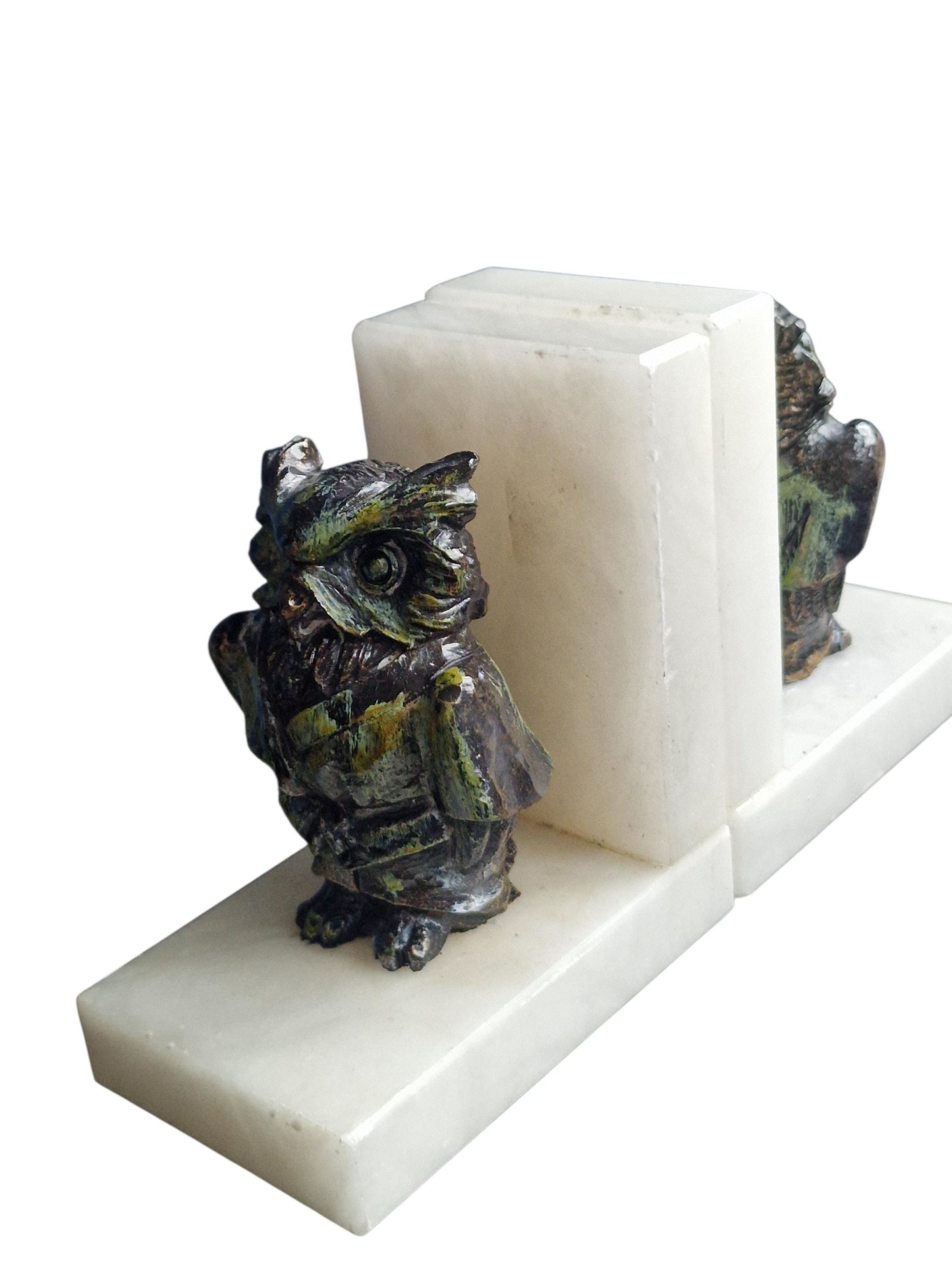 Art Deco Bronze Owl Bookends, Cold Painted, Carara Marble