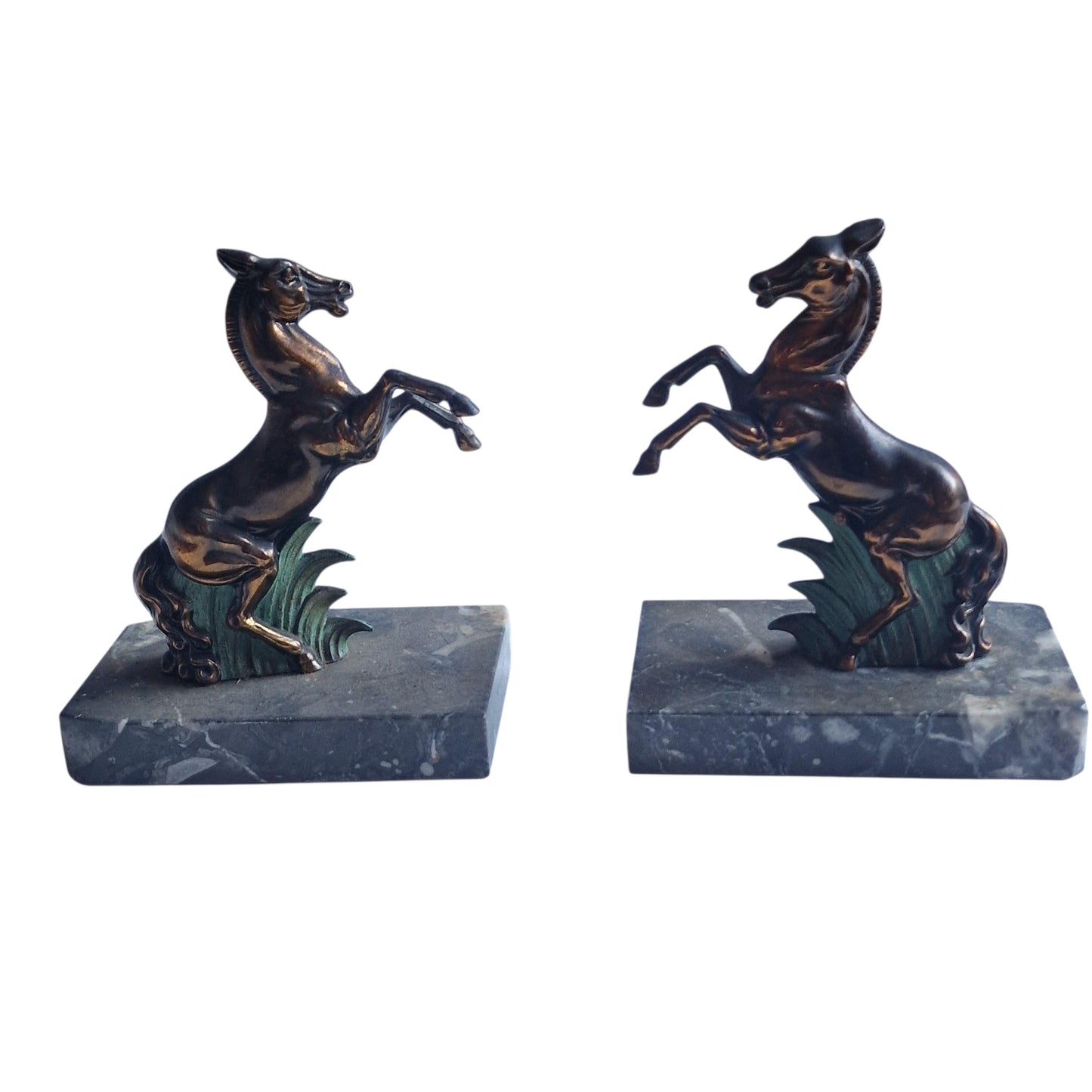 Stunning Art Deco Bronze bookends, horse, cold painted cast bronze on marbre.